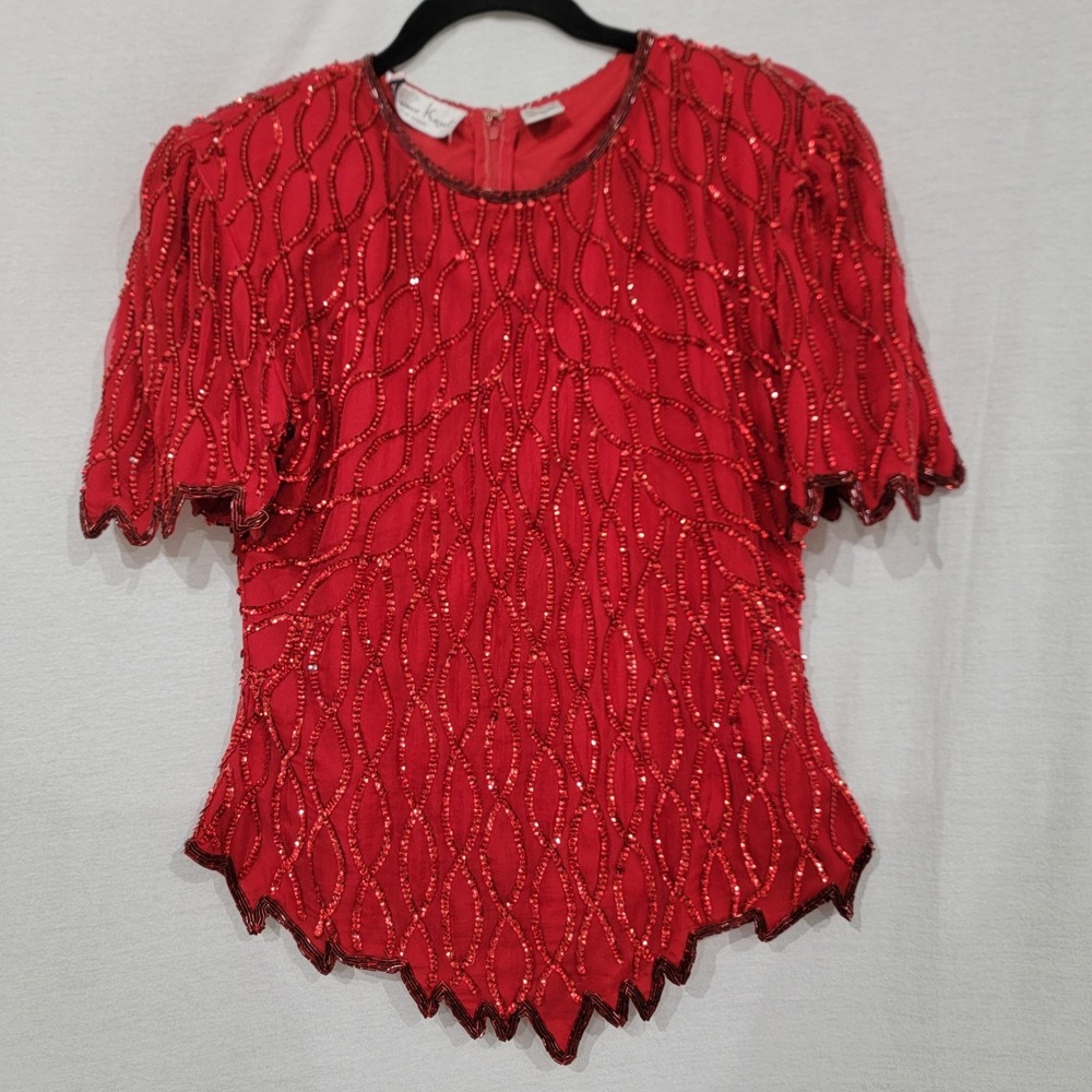 Vtg‎ 80s/90s Lawrence Kazar Red Sequin Top With Shoulder Pads Size Medium READ